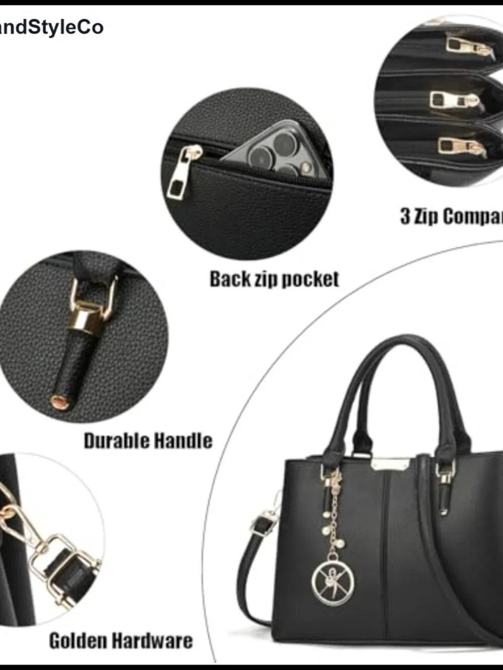 Women's Faux Leather Satchel Purse with 3 Zip Compartments, Adjustable Strap
